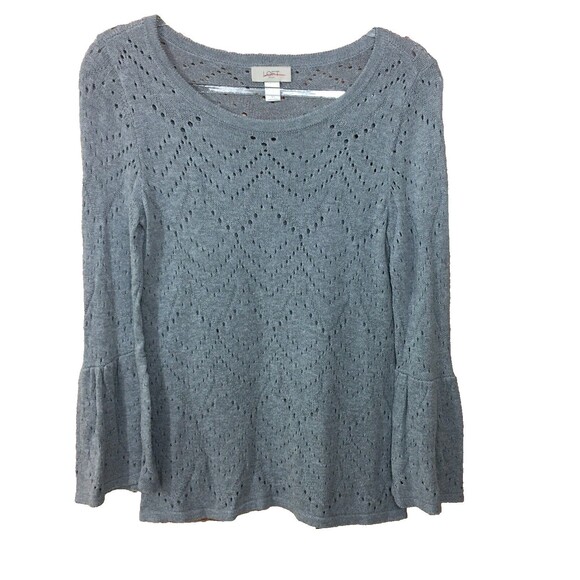 LOFT Outlet Sweater XS Gray Womens Pullover Bell Sleeves Eyelet Longsleeve $60 B - Picture 1 of 7